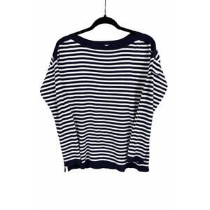 GAP Large Navy White Breton Stripe Boatneck Sweater Split Hem Nautical Cotton